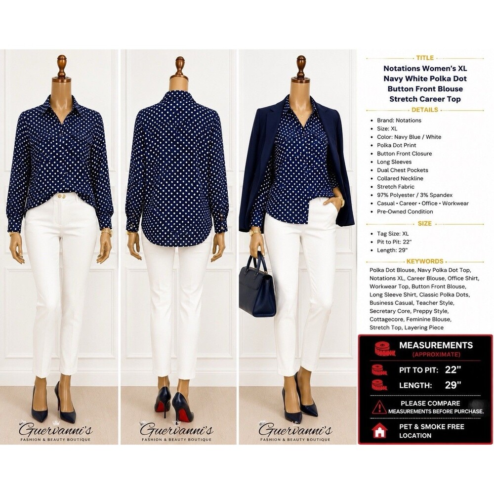 Notations Navy and White Polka Dot Button-Front Blouse